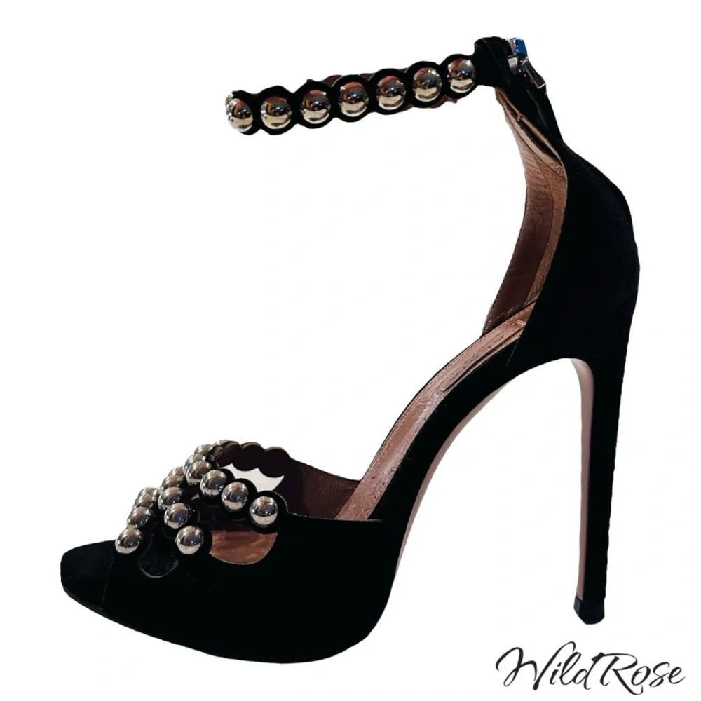 Alaia Black Suede Studded Ankle Strap Sandals Heels Size 36 - Picture 3 of 16